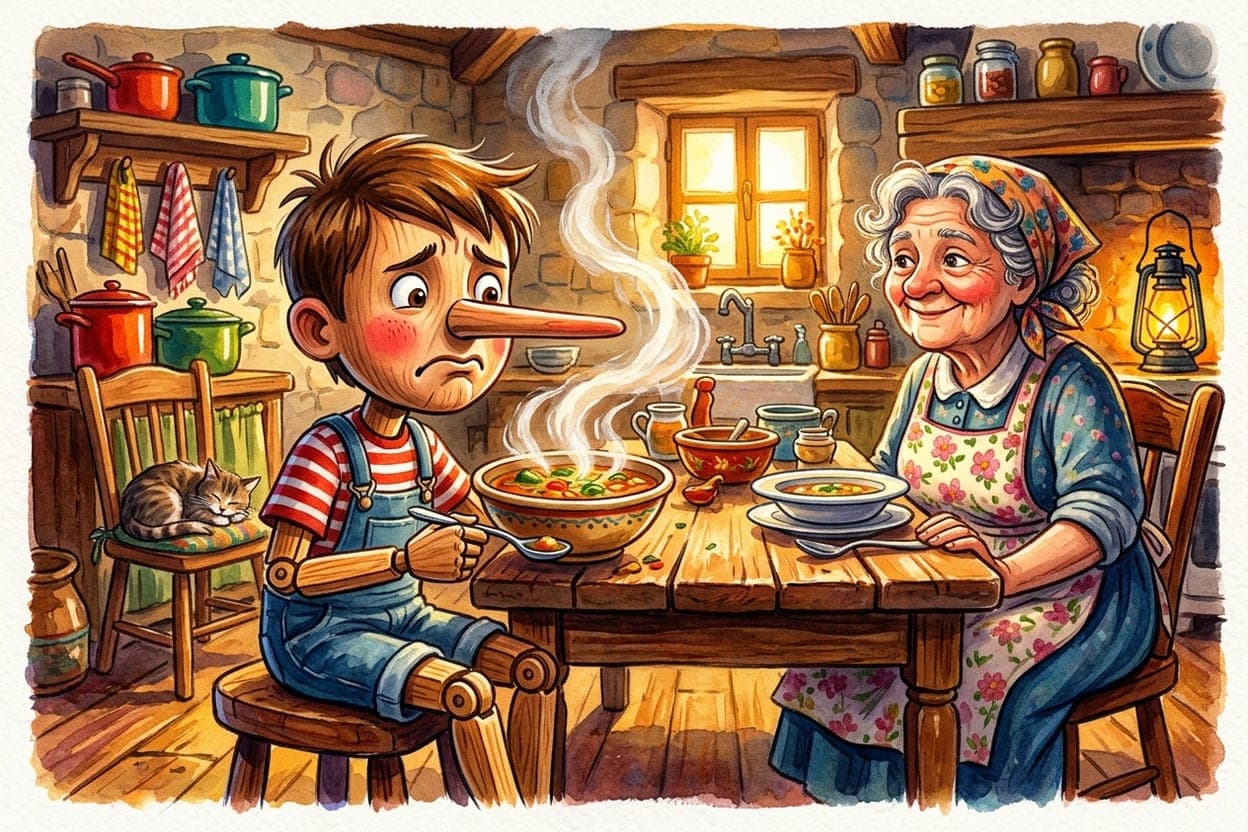 Ilustração do conto Pinóquio e o Teste da Verdade