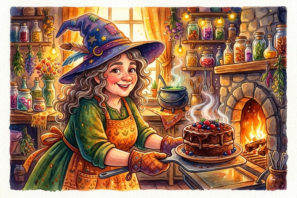 Ilustração do conto A Bruxa Boa e o Bolo de Chocolate Mágico