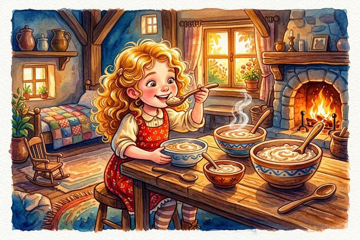 Ilustração do conto Cachinhos Dourados e os Três Ursos