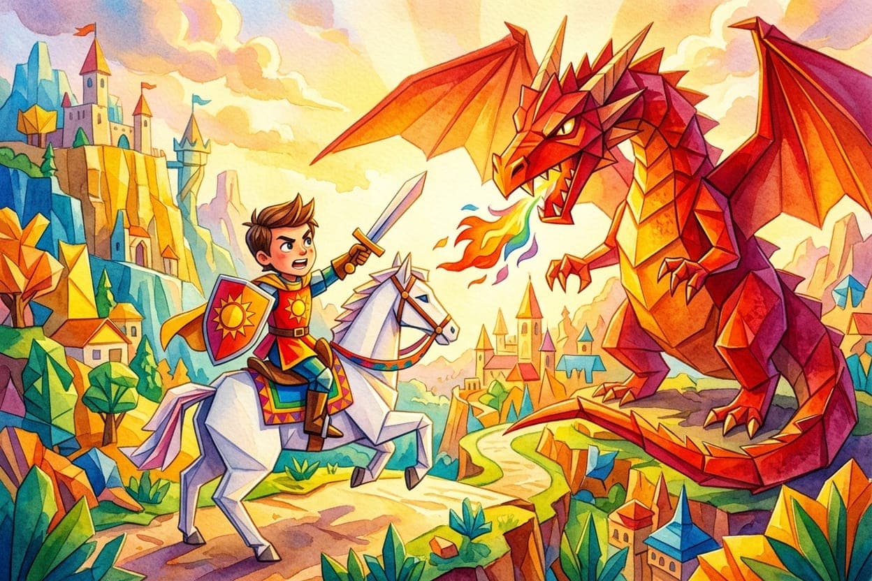 Ilustração do conto O Cavaleiro de Papel e o Dragão de Origami
