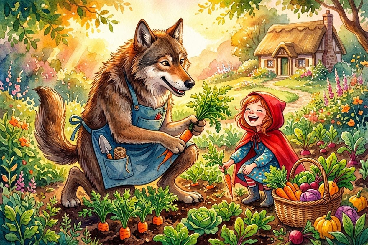 Ilustração do conto Chapeuzinho Vermelho e o Lobo Vegetariano
