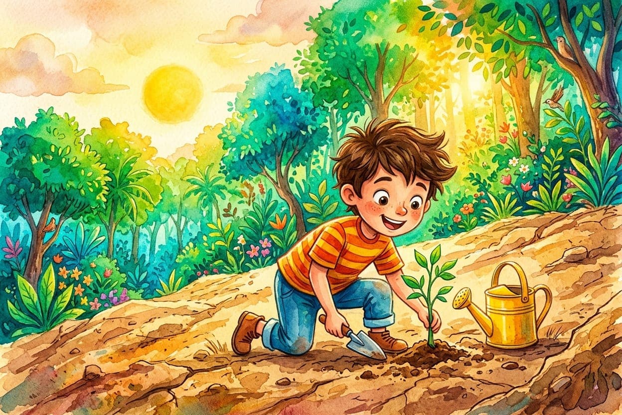 Ilustração do conto O Menino que Plantou uma Floresta
