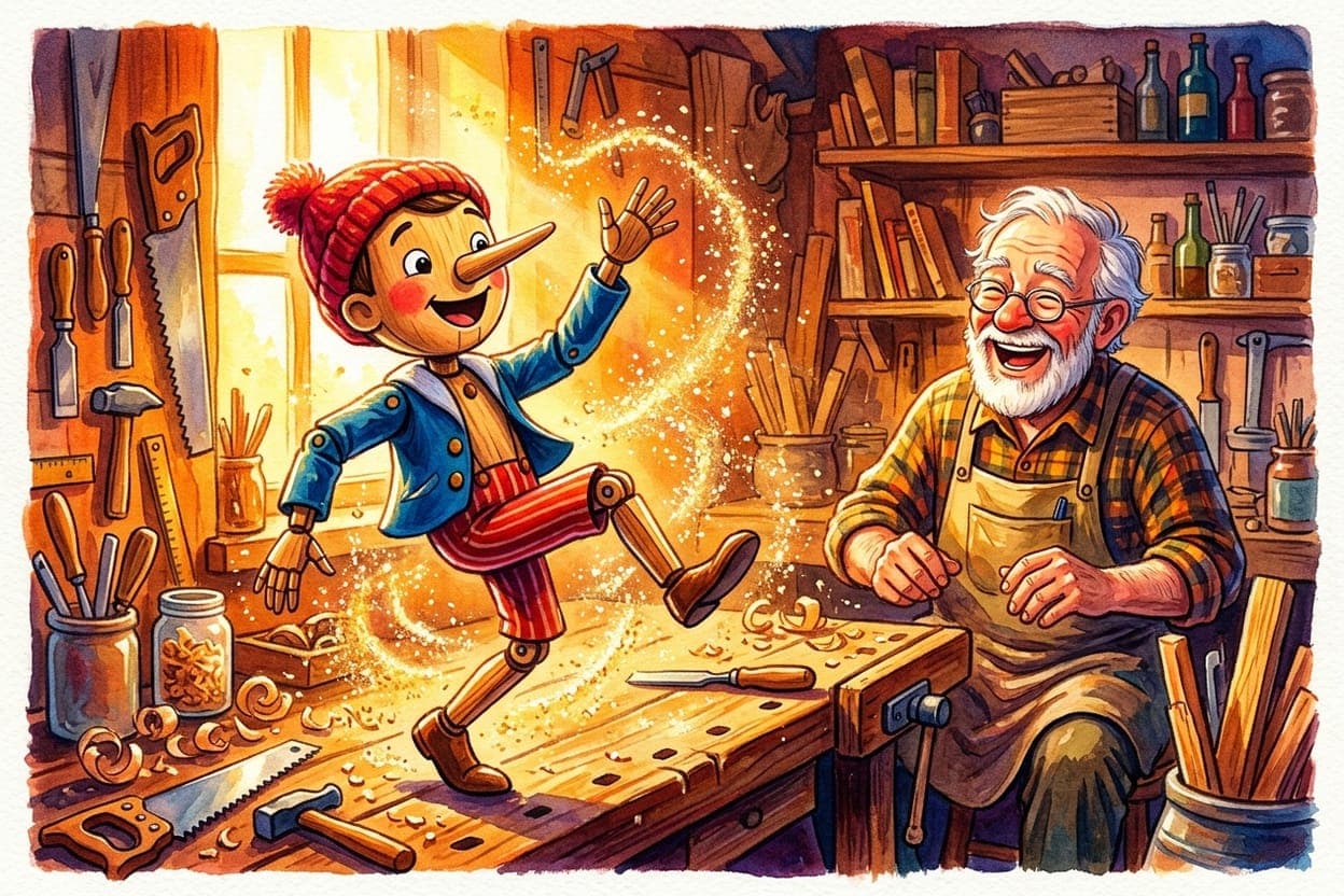 Ilustração do conto Pinóquio — A História do Boneco que Queria Ser Real