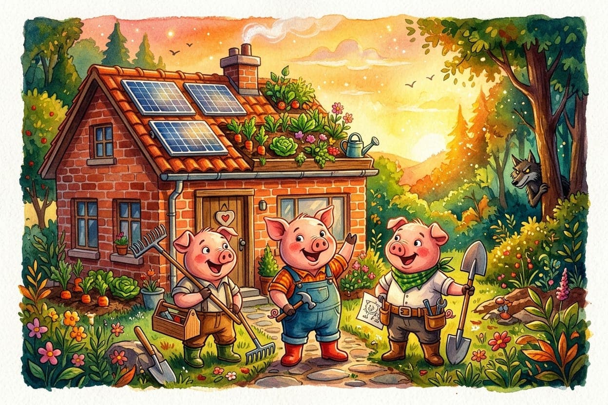 Ilustração do conto Os Três Porquinhos e a Casa Sustentável