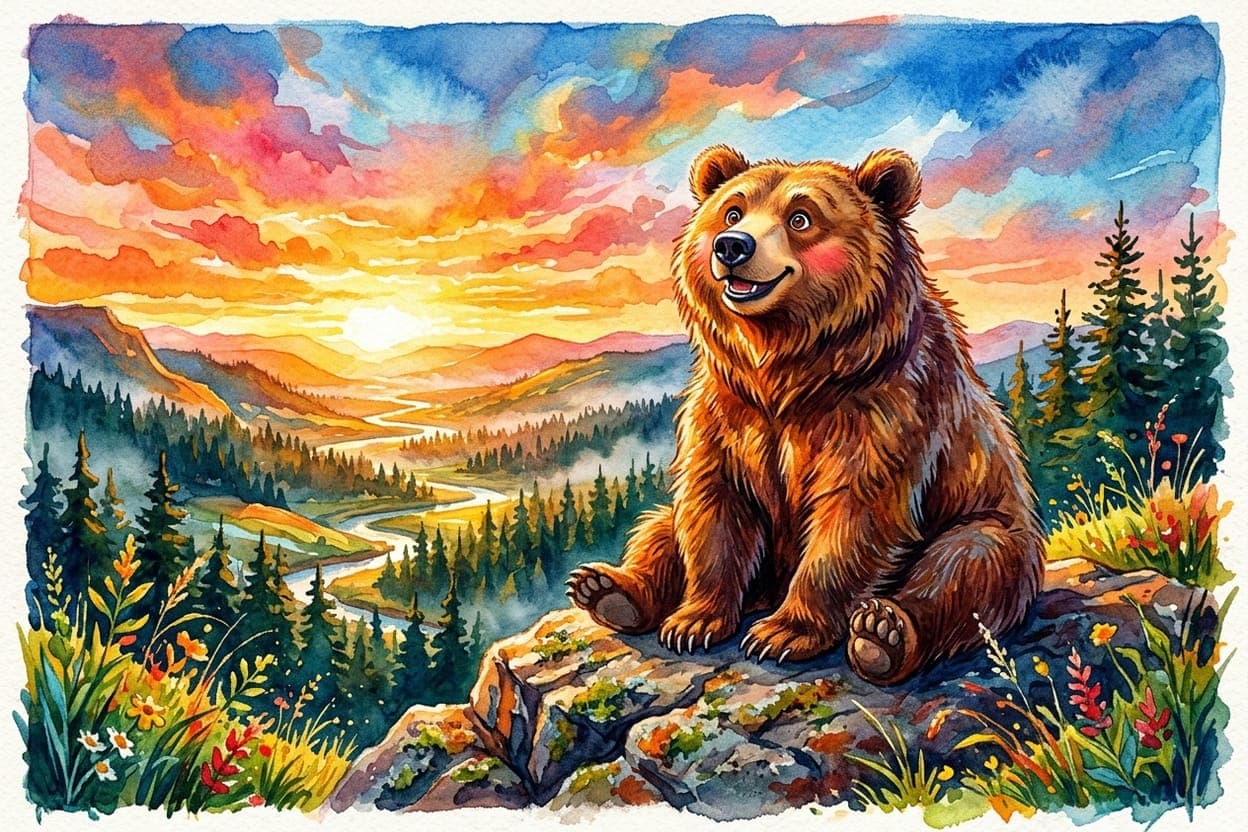 Ilustração do conto O Urso que Queria Ver o Amanhecer