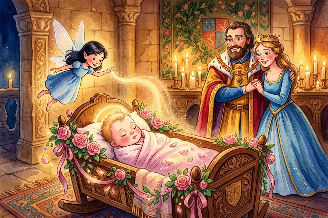 Uma fada pequenina se inclina sobre o berço da princesa recém-nascida e derrama uma luz dourada