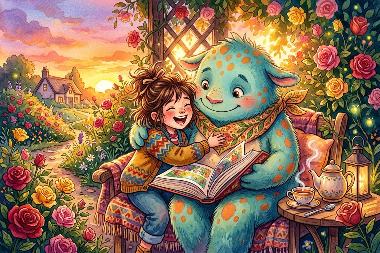 Bela e a Fera leem juntos no jardim de rosas