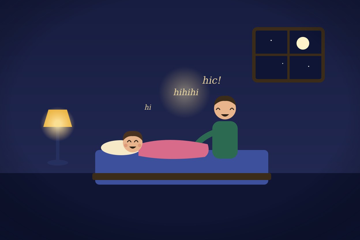 O pai sentado na beira da cama imitando a risada da avó Alba, e Olívia deitada rindo à luz do abajur