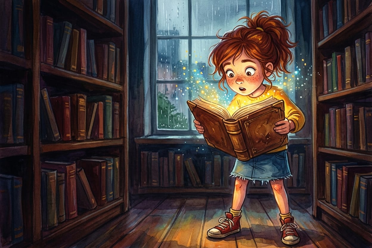 As páginas abertas soltam pontinhos de luz dourada sobre o rosto da menina que segura o livro