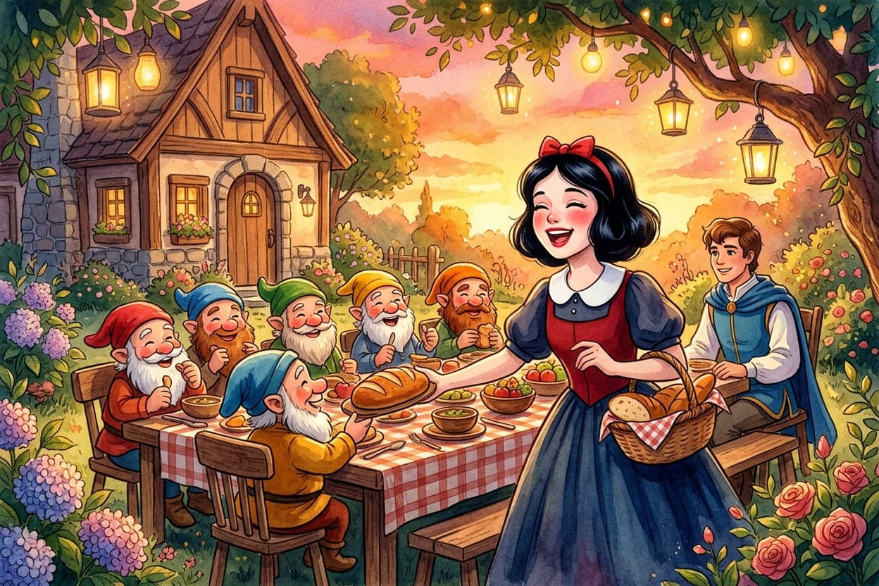 Mesa posta no jardim ao entardecer, com risos entre velhos e novos amigos