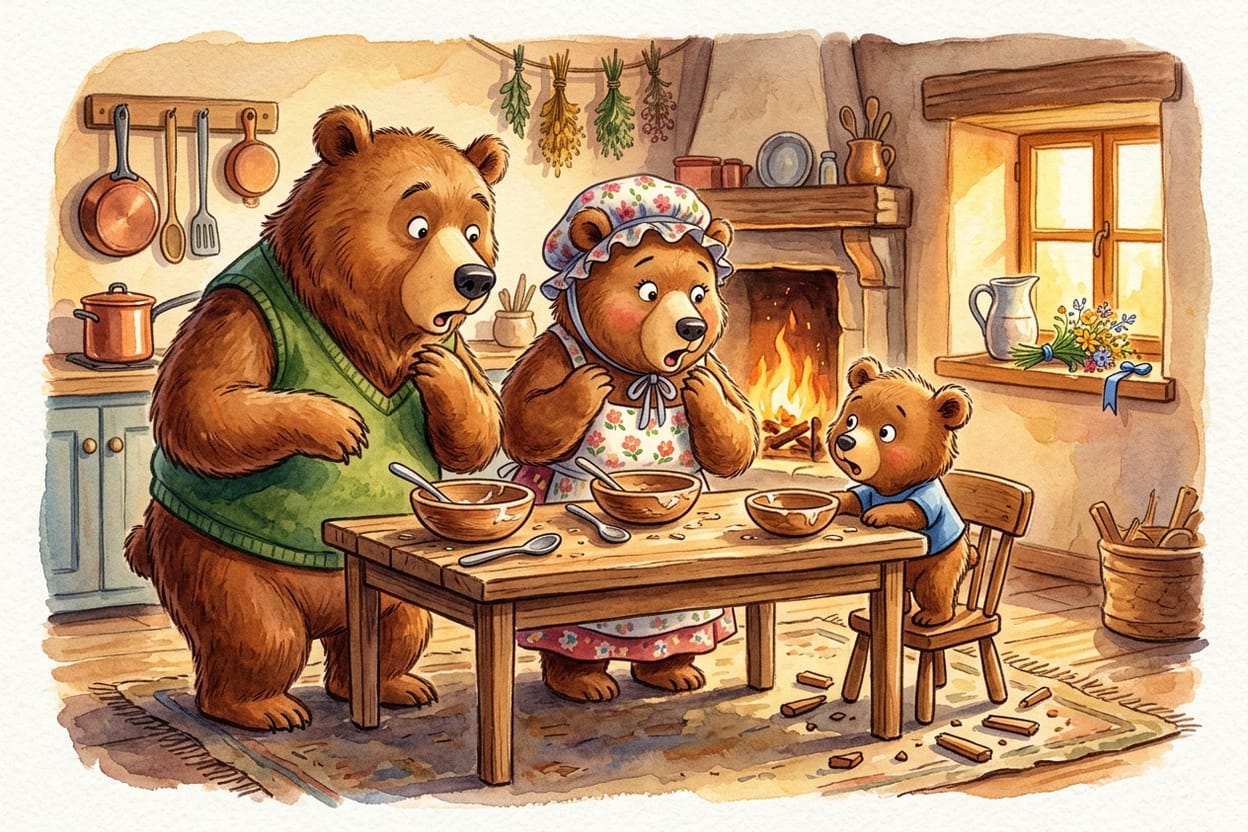 Os três ursos surpresos na cozinha diante das tigelas vazias e da cadeirinha quebrada