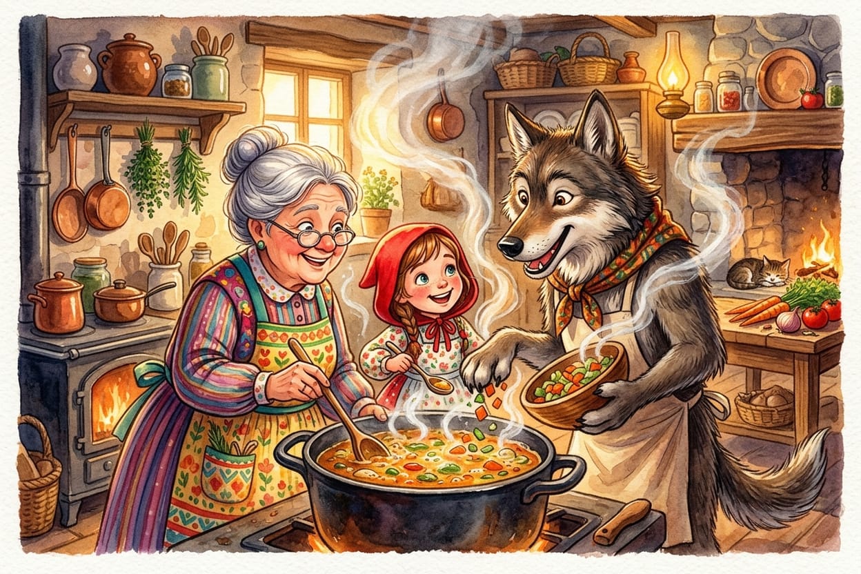 Lobo, vovó e Chapeuzinho cozinham sopa juntos