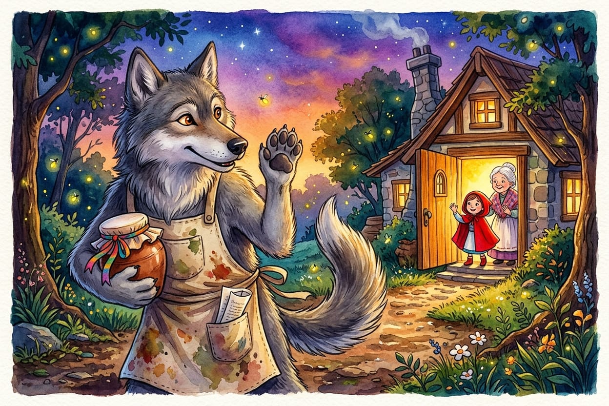 O lobo se despede ao anoitecer levando um pote de sopa, enquanto a vovó e a menina acenam da porta iluminada