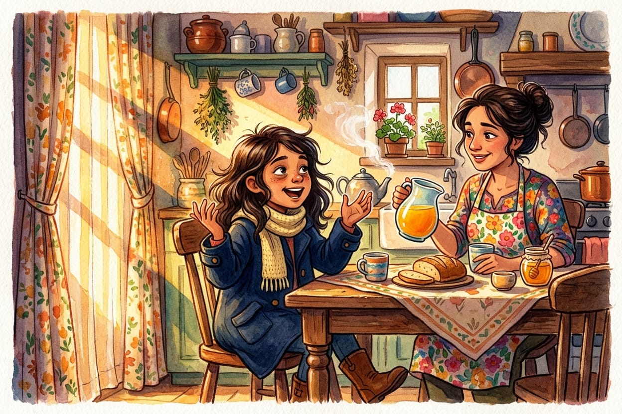 Luna e a mãe conversando na mesa da cozinha, com listras de sol entrando pelas frestas da cortina