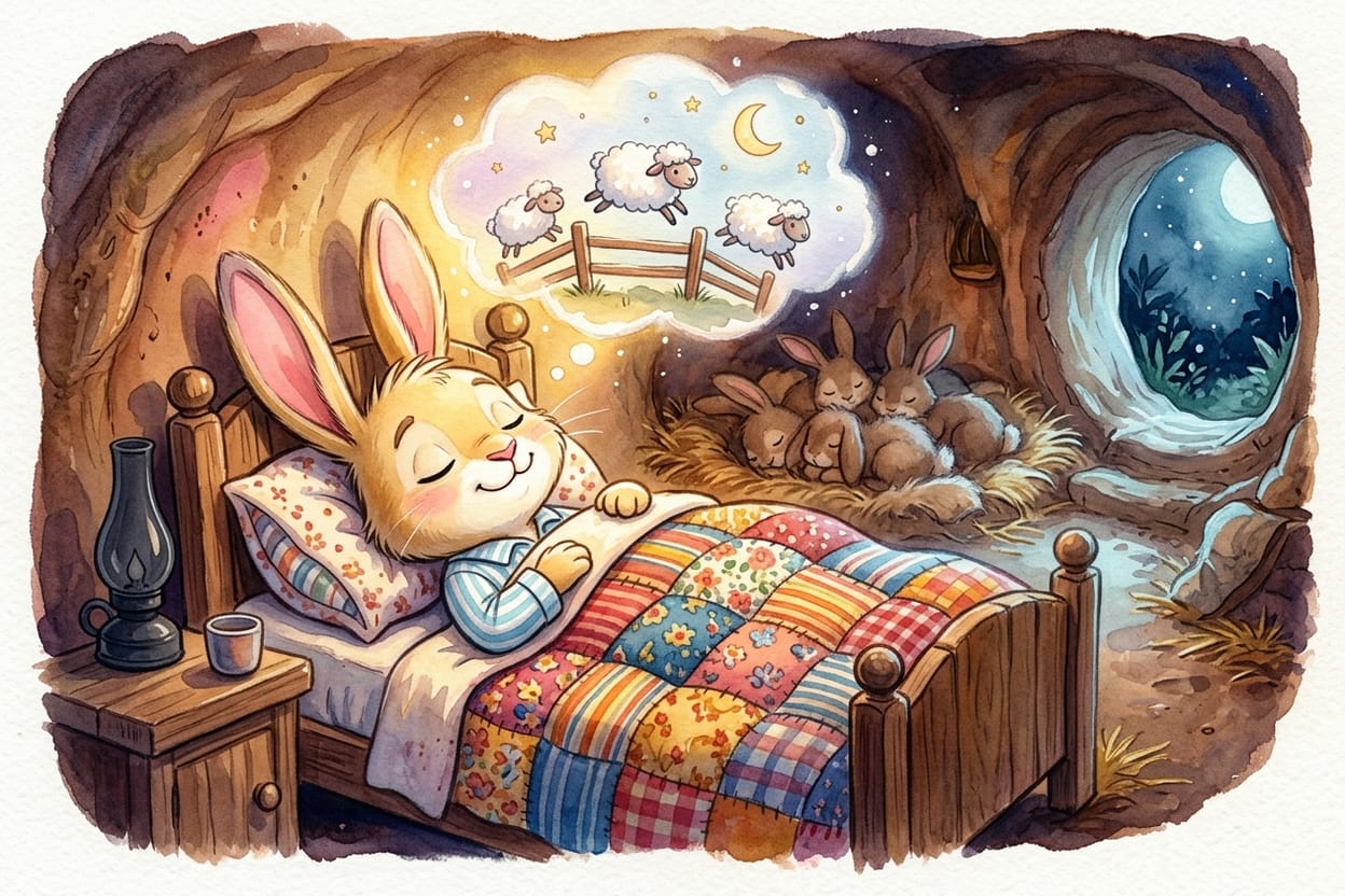 Tico deitado na cama de olhos fechados, imaginando ovelhinhas que pulam uma cerca baixa