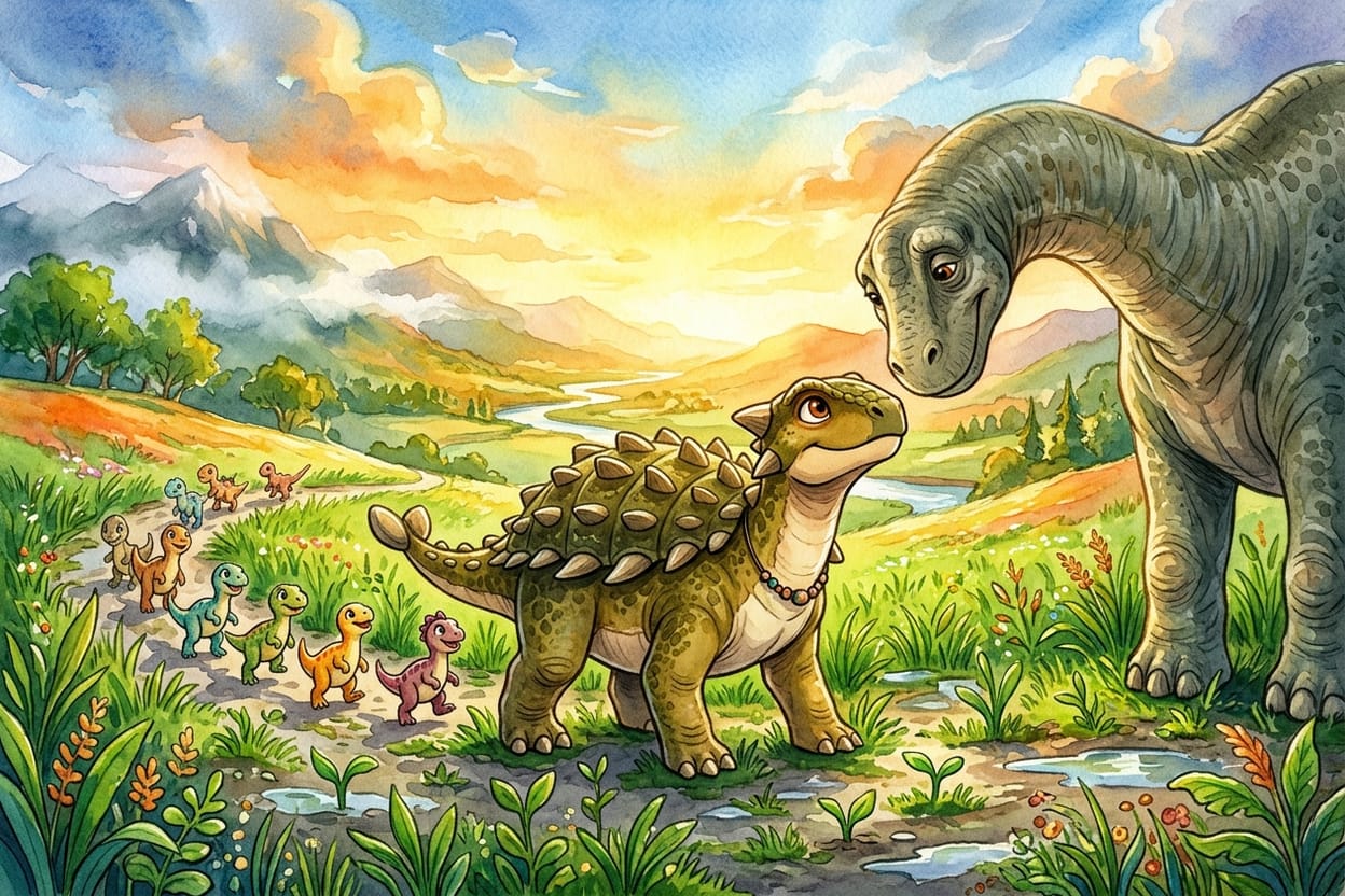 Zaza diante de um velho dinossauro, com os sete filhotes atrás dela