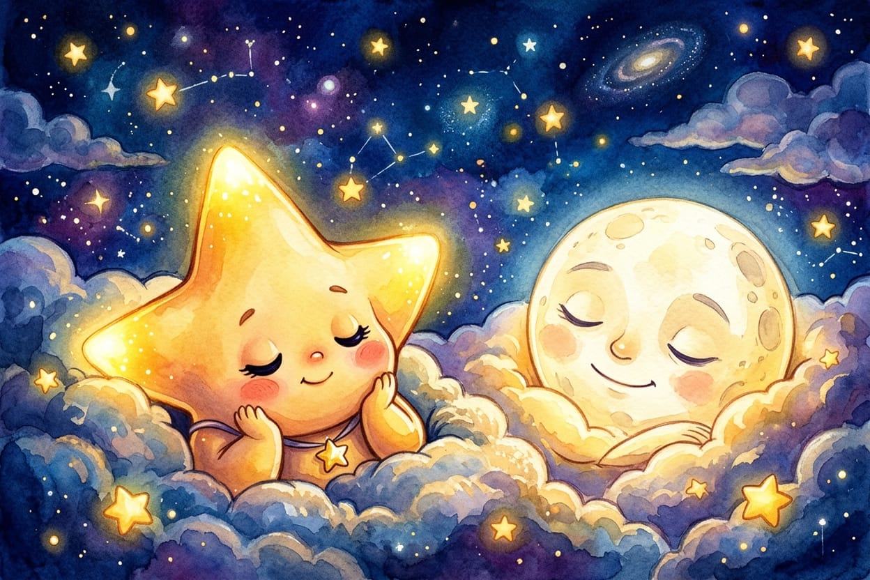 A estrelinha dorme aconchegada num cantinho de nuvens ao lado da Lua