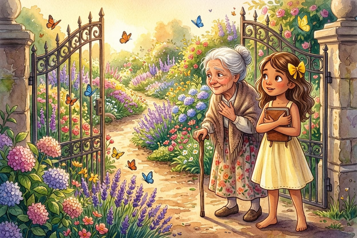 A avó de bengala parada no portão aberto, olhando emocionada para o jardim florido, com Sofia ao lado segurando o caderno