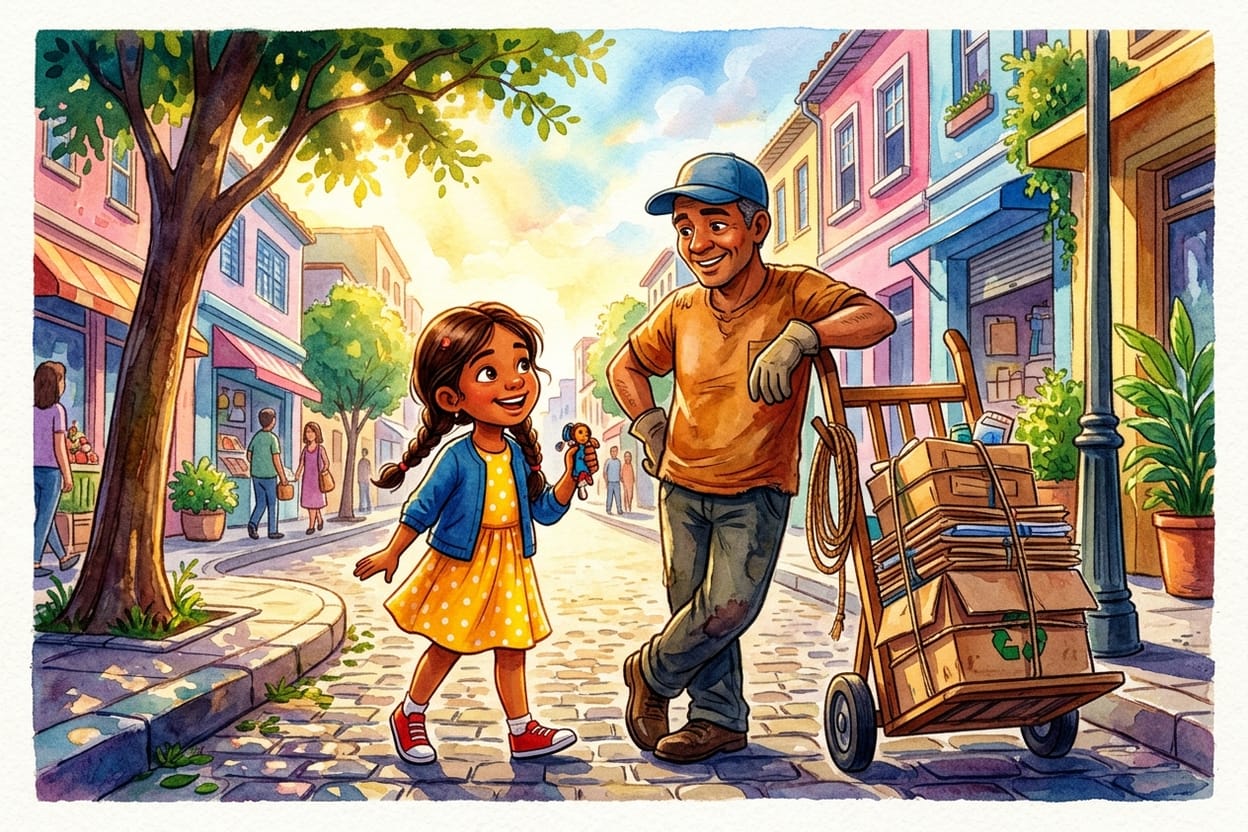 Benedito descansa o braço no carrinho de papelão e conversa com Ana na calçada