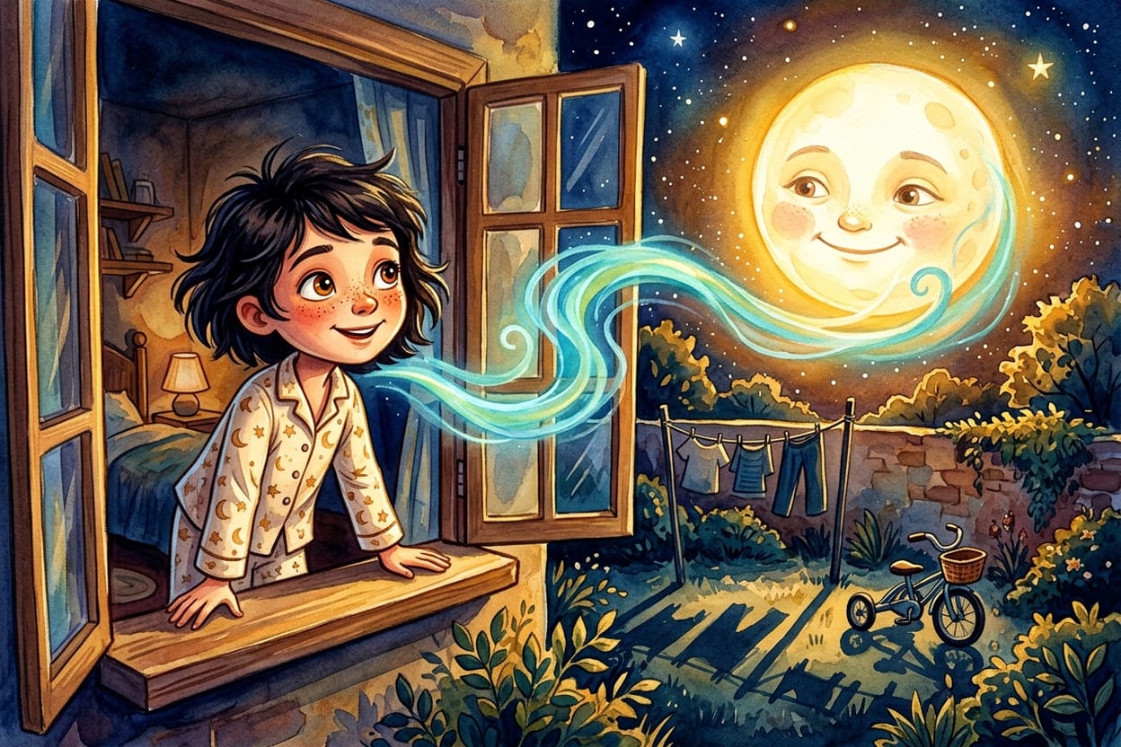 Clara de pijama apoiada no peitoril da janela enquanto um fio de luz azul-esverdeada desce da lua cheia
