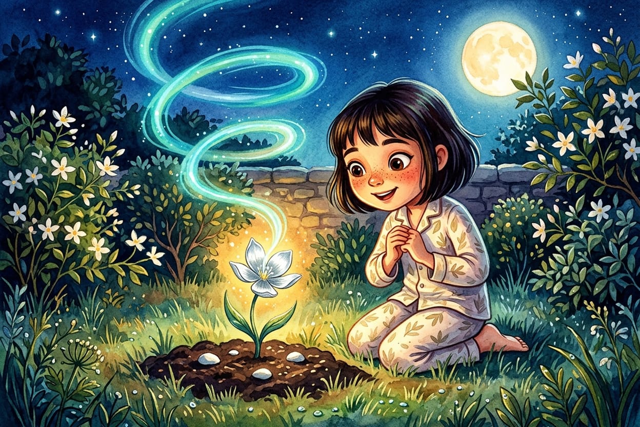 Clara descalça e ajoelhada na grama escura do jardim, diante de uma flor de pétalas prateadas iluminada por uma espiral de luz azul-esverdeada