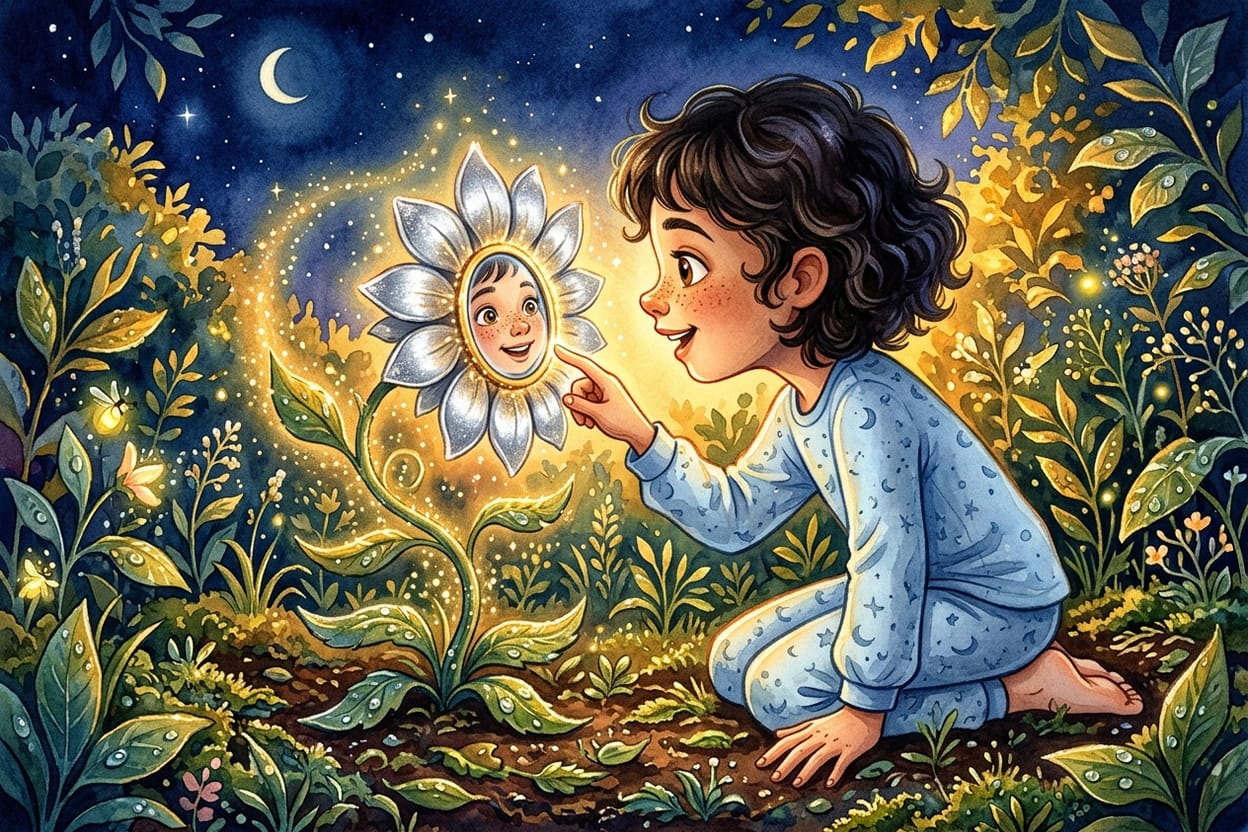 Clara ajoelhada no canteiro, o rosto muito perto do pequeno espelho redondo no centro da flor prateada