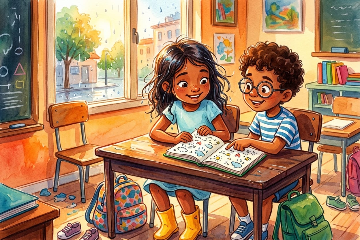 Lara e Felipe debruçados sobre o caderninho de anotações na carteira da escola