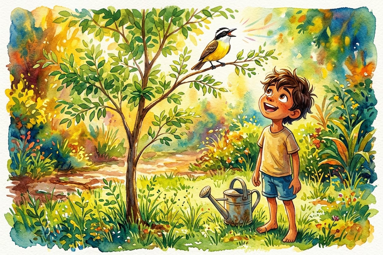 Um bem-te-vi cantando no galho de um cedro jovem com o menino parado embaixo