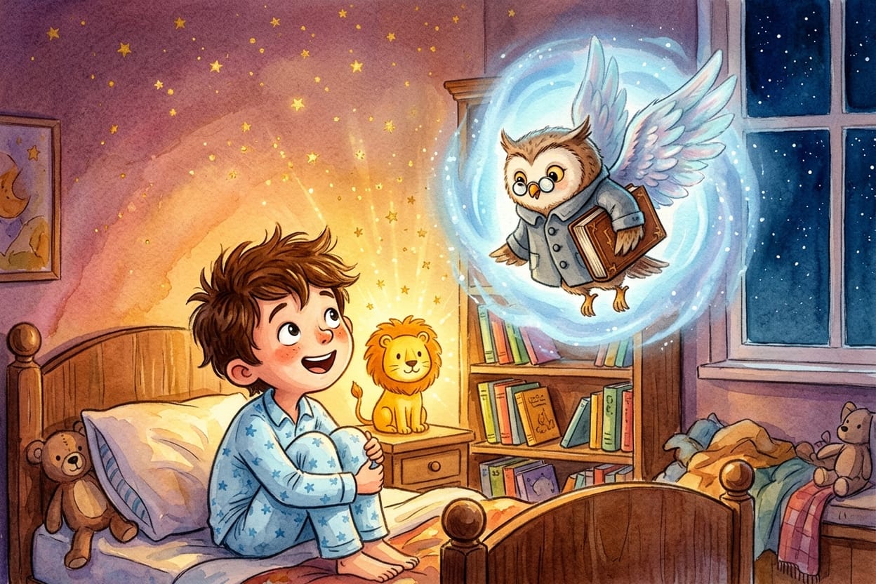 Morfeu, uma pequena criatura parecida com uma coruja, de casaco cinza e óculos redondos, surge de uma luz azulada no canto do quarto enquanto o menino a observa sentado na cama