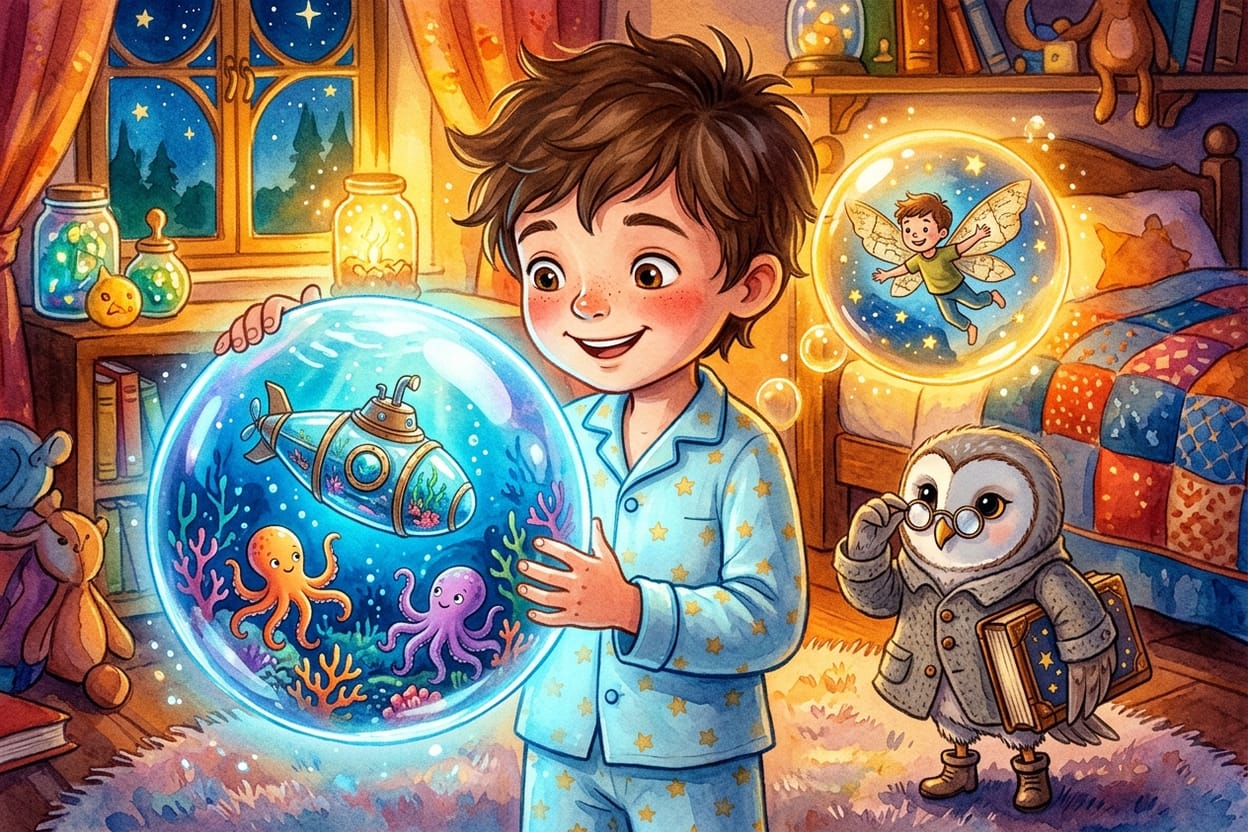 O menino segura com as duas mãos uma bolha de luz azul onde aparece um submarino de vidro cercado de polvos
