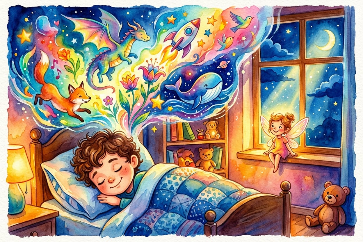 Tomás dorme profundamente, sorrindo, cercado de sonhos coloridos que flutuam sobre a cama