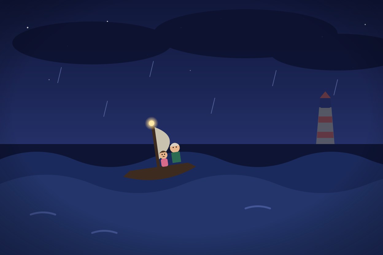 Marina agarrada ao avô no barquinho de pesca, no mar escuro, com o farol apagado ao fundo