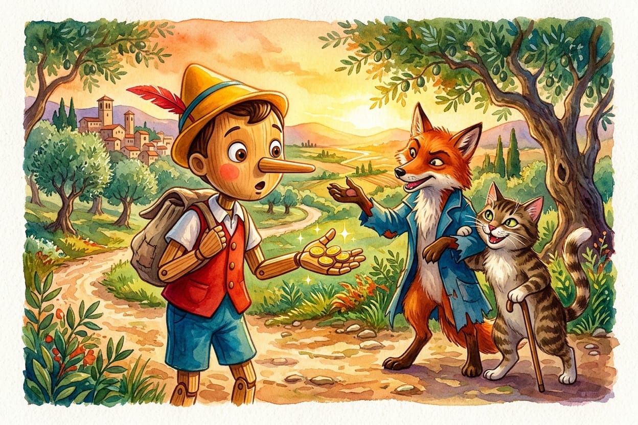 Uma raposa e um gato conversam com o boneco de madeira na beira da estrada