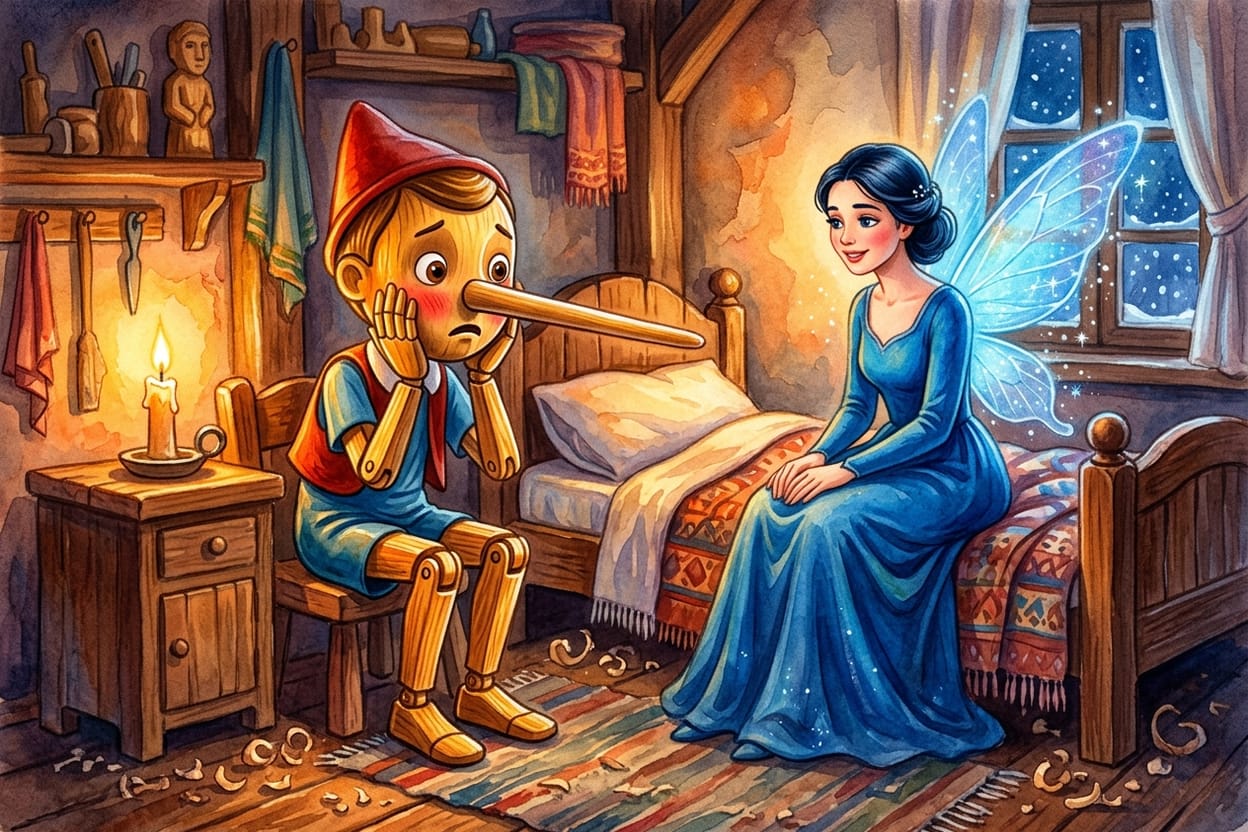 A fada azul senta na beira da cama enquanto o nariz do boneco fica comprido