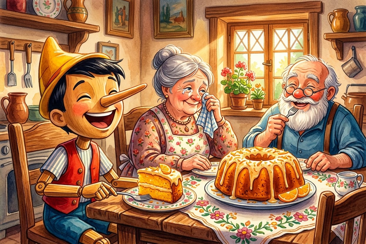 Os três rindo à mesa enquanto comem fatias generosas de bolo