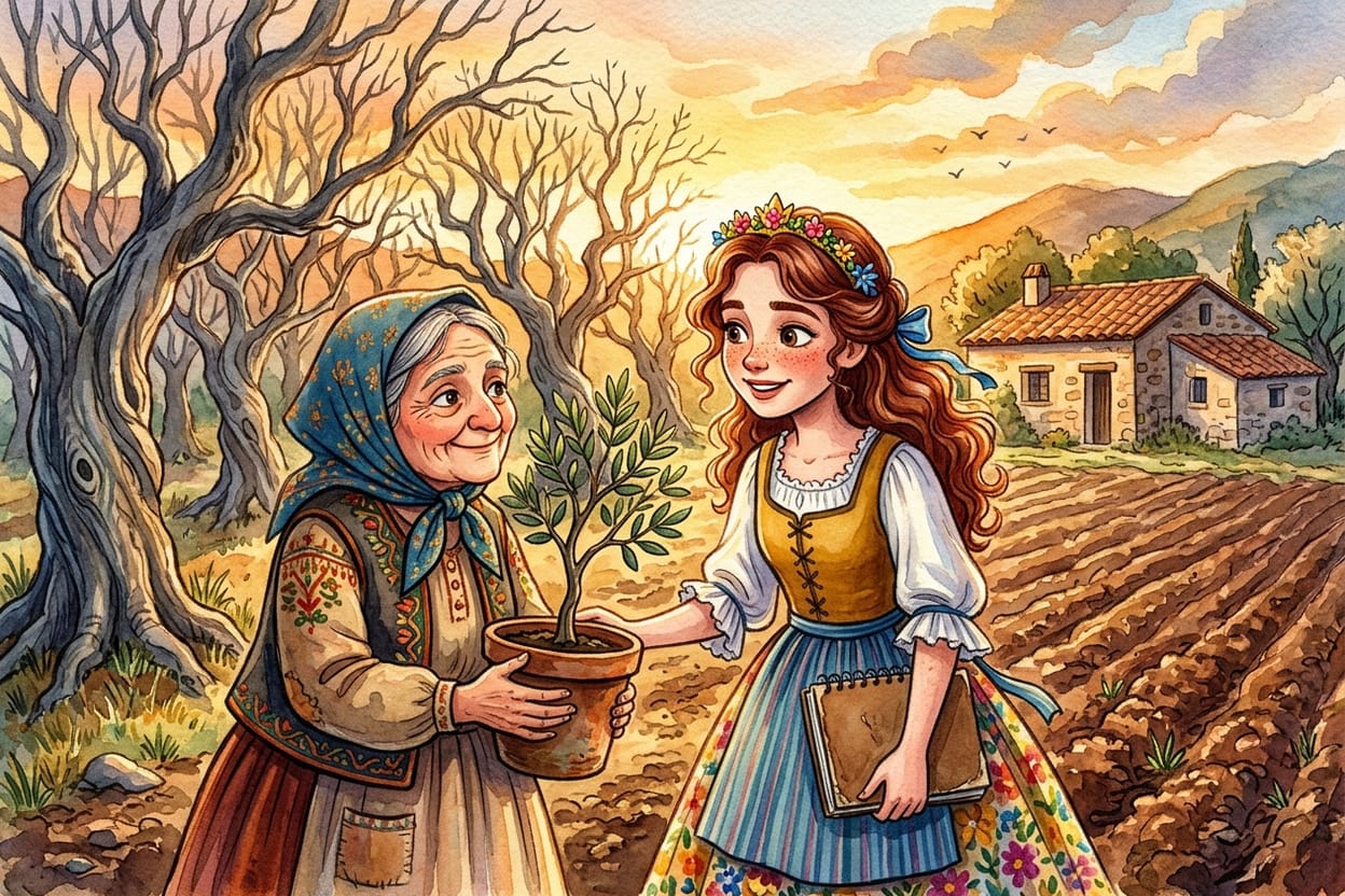 Uma senhora de lenço segurando uma muda de oliveira num vaso de barro diante de um olival antigo e seco