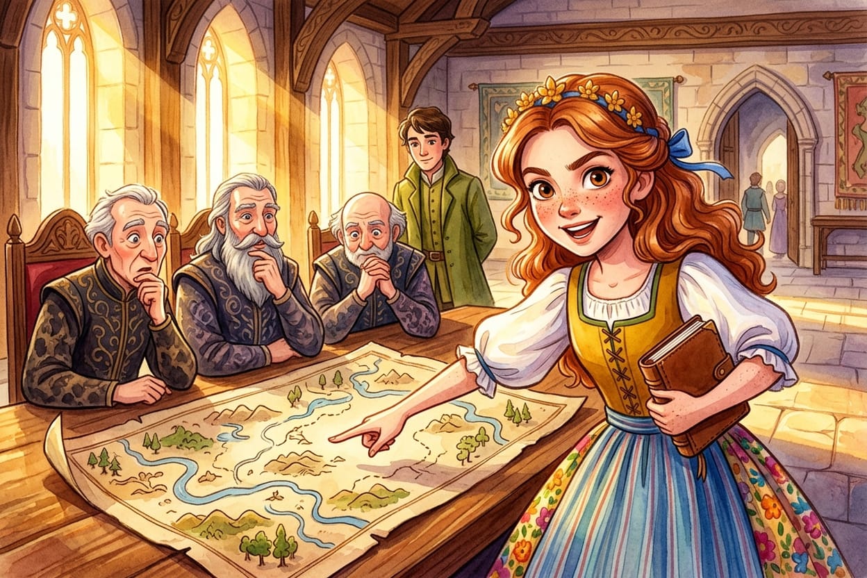 Aurora explicando suas descobertas sobre um mapa aberto na mesa, diante de três conselheiros idosos numa sala clara