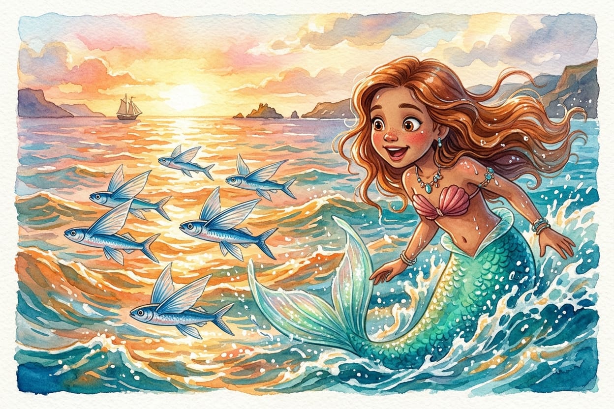 Peixes-voadores saindo do mar com as nadadeiras abertas, planando rente às ondas, e uma sereia menina os observando espantada da superfície