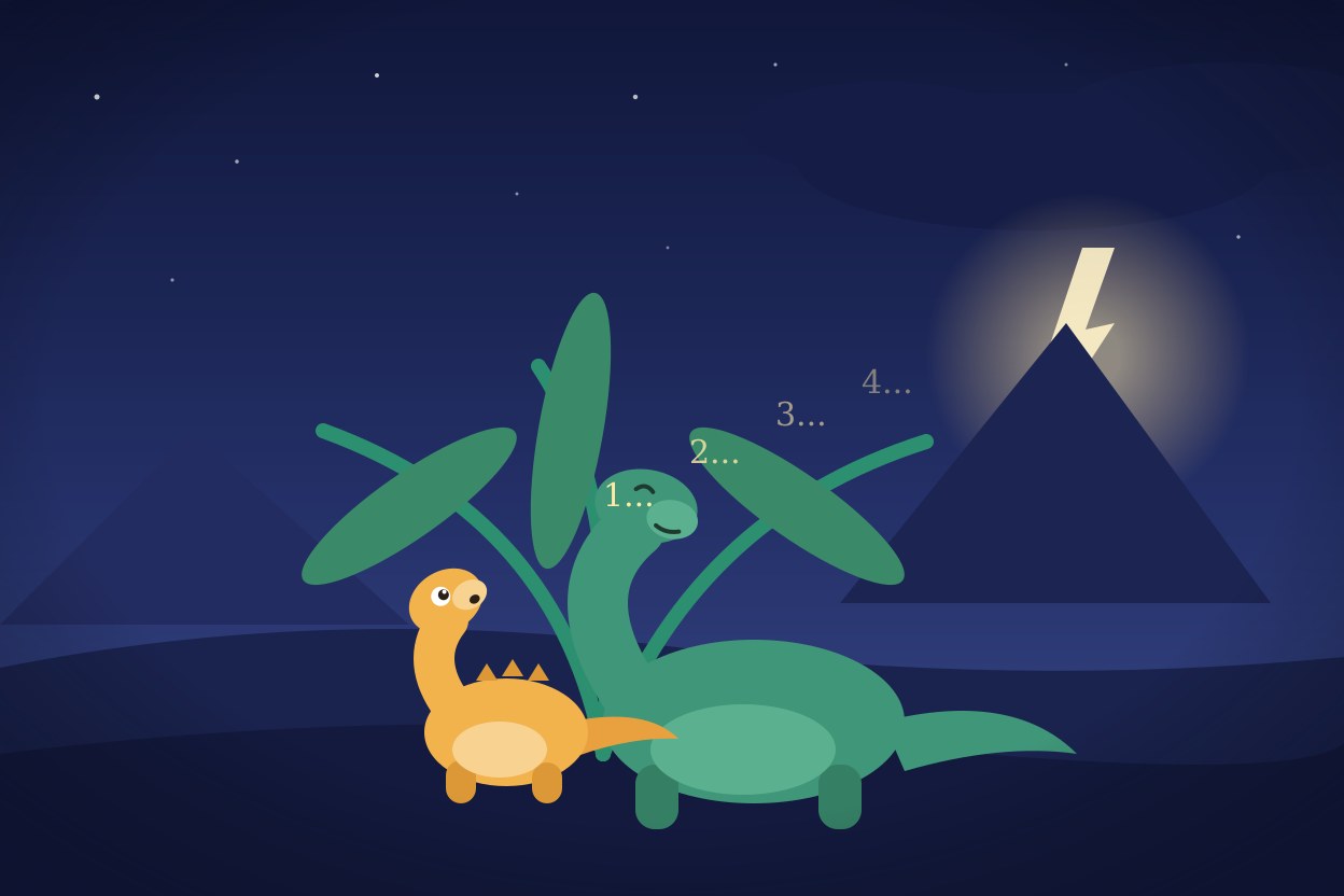Teo, o dinossauro pequeno, espiando o clarão sob a samambaia gigante, ao lado da mamãe dinossaura