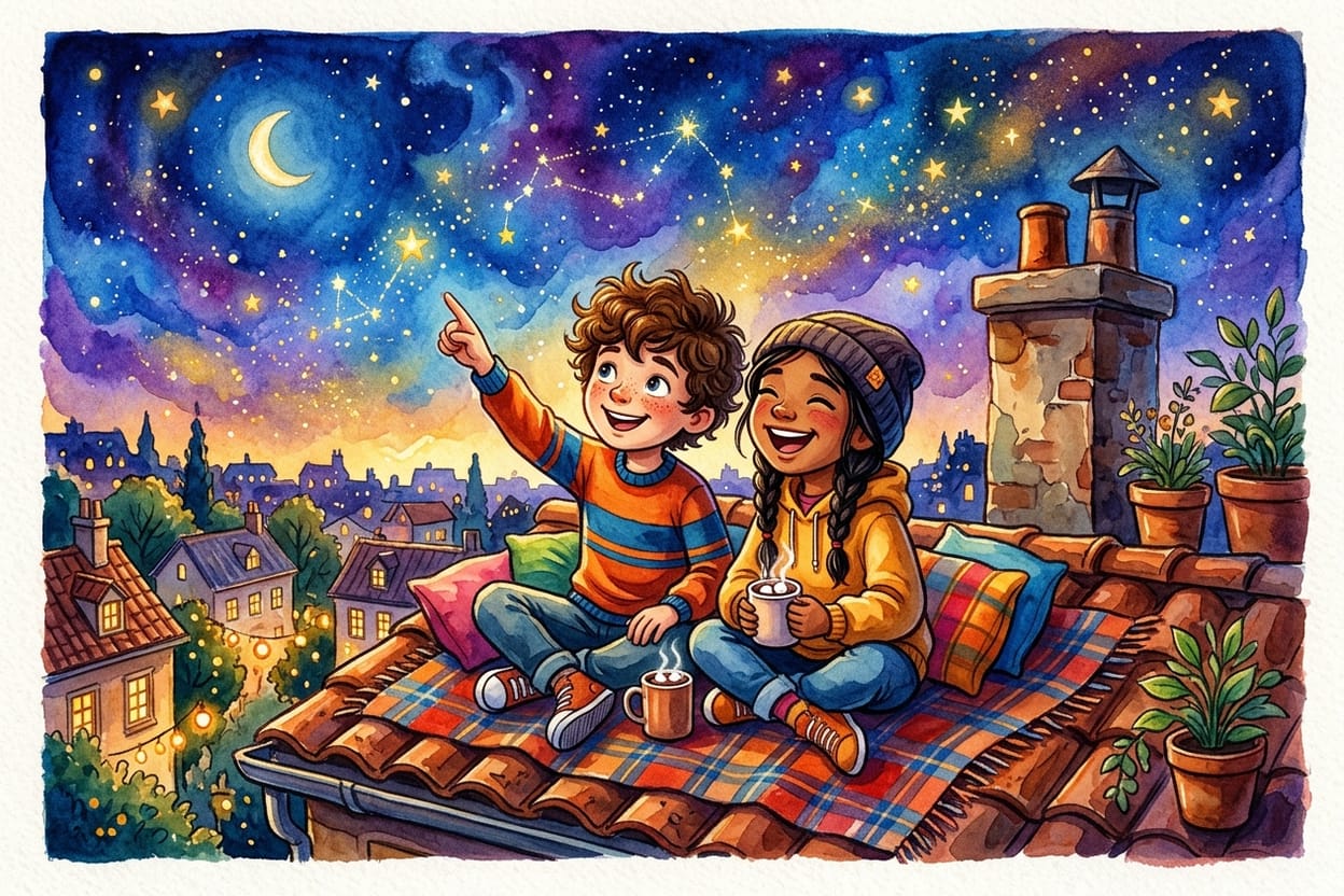 Os novos amigos esperam a estrela no telhado