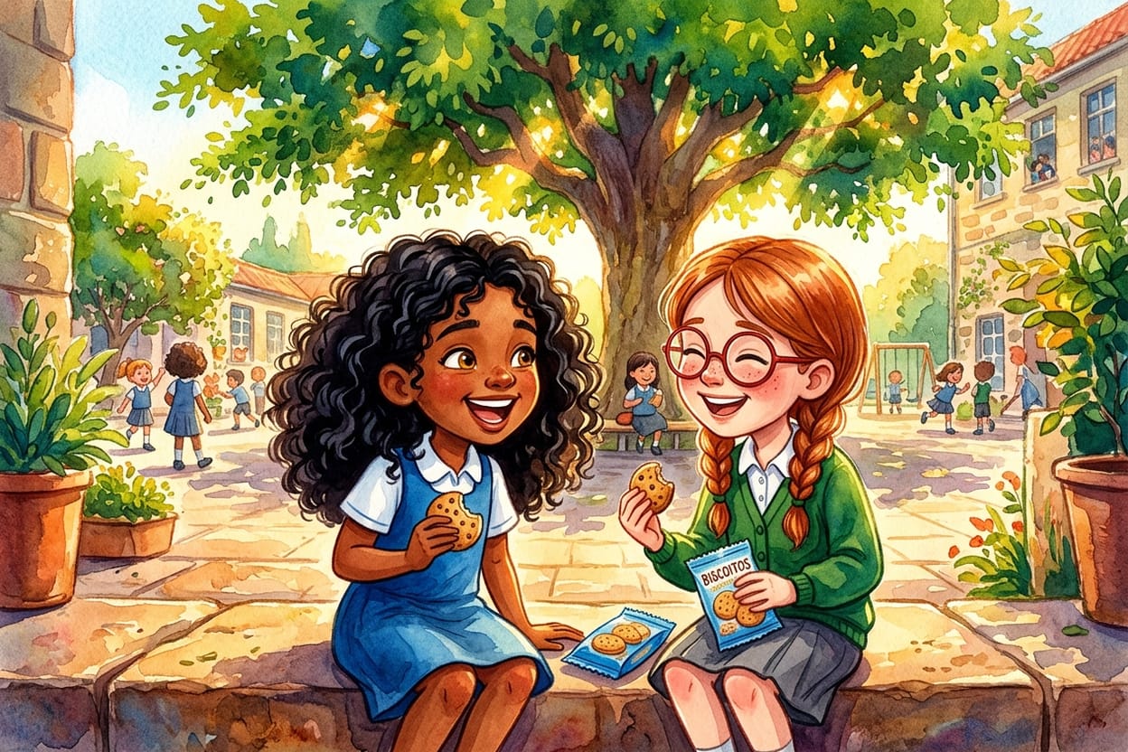 Duas meninas sentadas no degrau do pátio da escola dividindo biscoitos