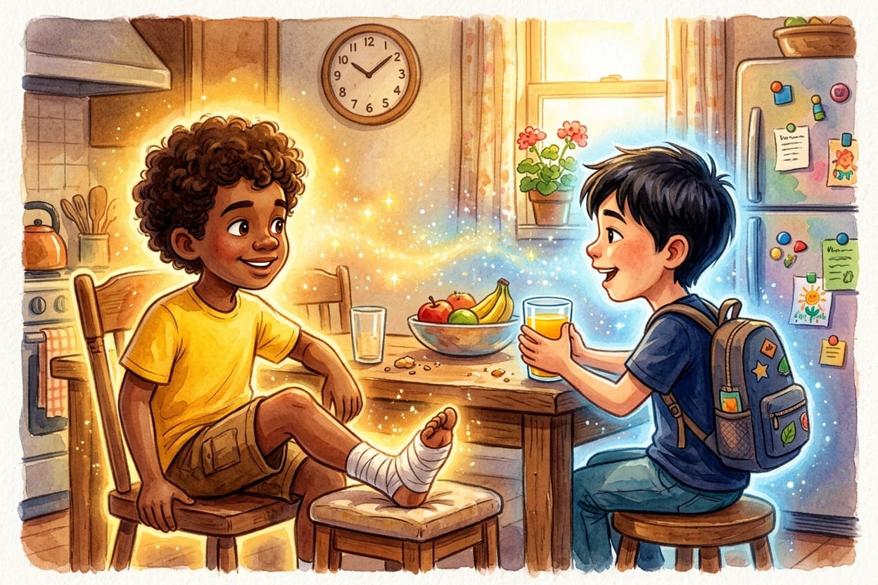 Dois meninos na cozinha de uma casa, um com o pé apoiado numa cadeira e o outro segurando um copo de suco